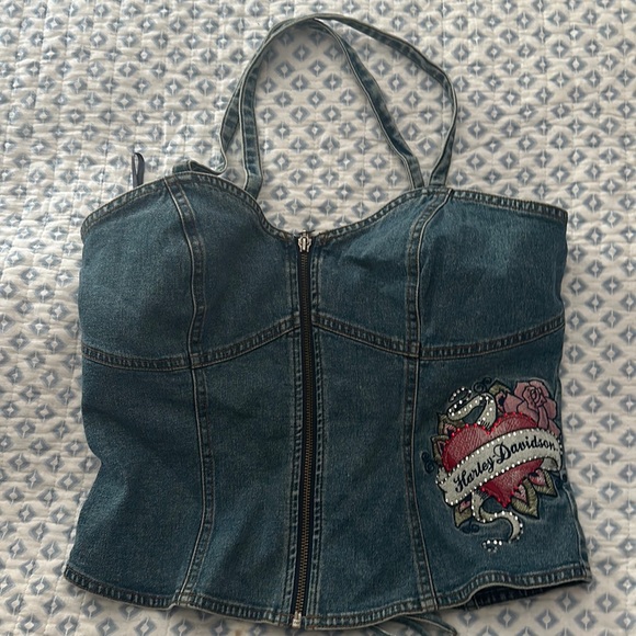 Harley-Davidson Tops - Harley-Davidson Denim Blue Zip-Front Tank with Embroidered Heart Patch